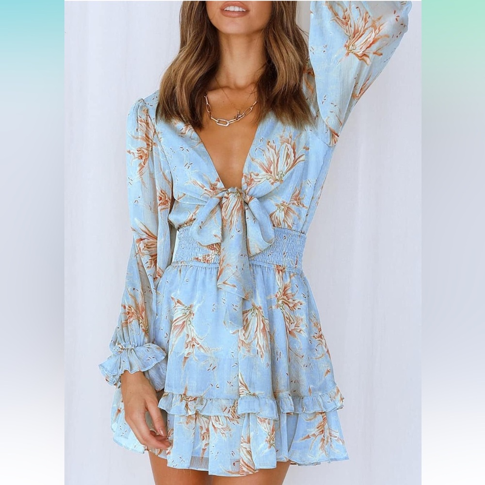 Floral Blue Long Sleeve Dress